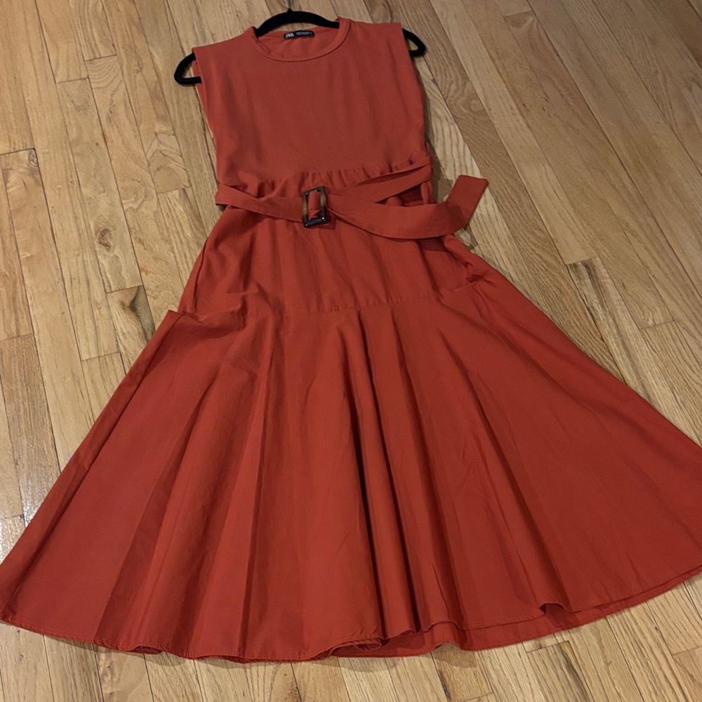 Zara Belted Midi Dress in Rust
